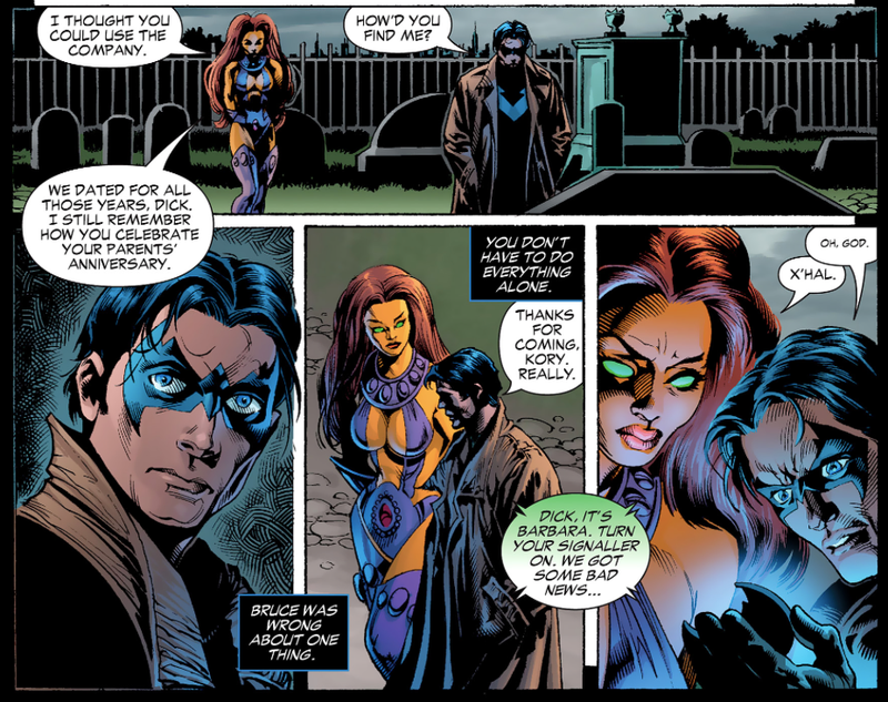 Nightwing and Starfire visiting the Graysons’ graves in Identity Crisis #1.